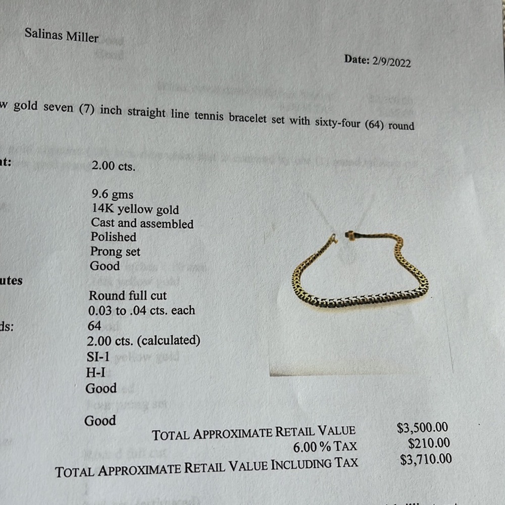 2 carat. Natural Diamond tennis bracelet. 14 K yellow gold. 7 inch straight. - Picture 8 of 8